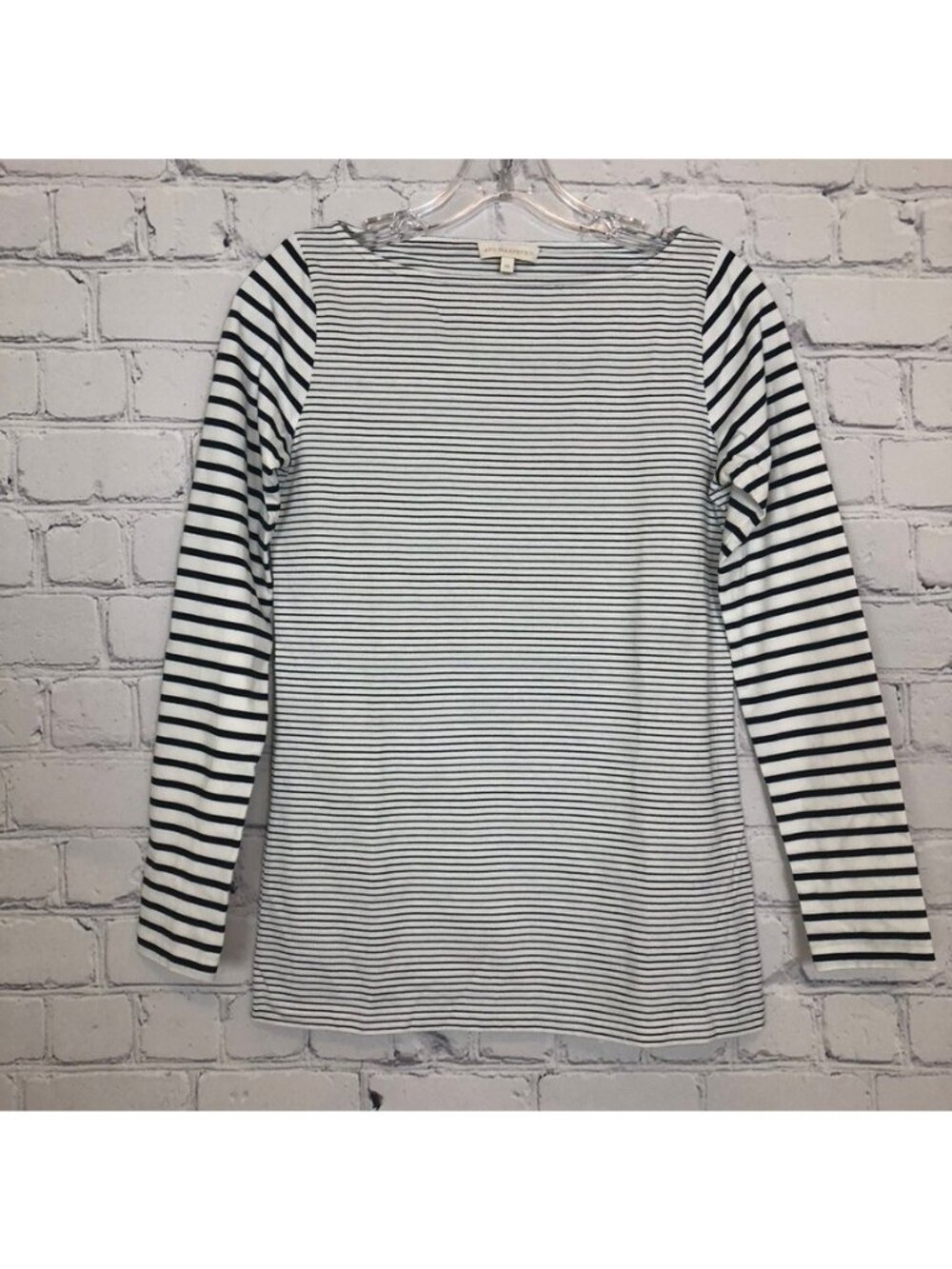 Ann Mashburn 100% Cotton White Black Striped Tee Size XS Long Sleeve